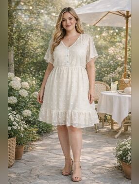 Bailey's Blossoms Cream V-Neck Quarter Button Front Swiss Dot Dress